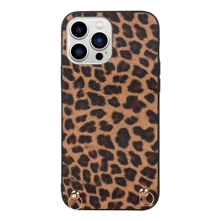 Pour iPhone 14 Pro Stylish PU Leather Coated PC+TPU Phone Cover Drop-proof Back Case avec Shoulder Strap - Motif Léopard