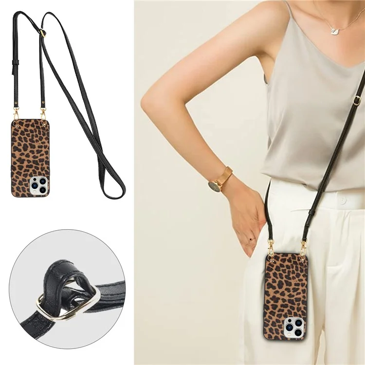 Pour iPhone 14 Pro Stylish PU Leather Coated PC+TPU Phone Cover Drop-proof Back Case avec Shoulder Strap - Motif Léopard