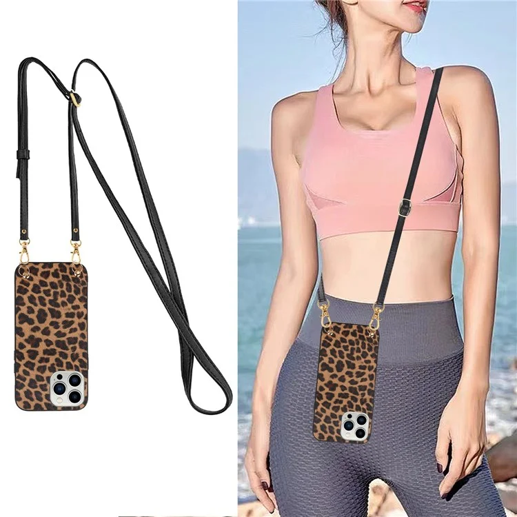 Pour iPhone 14 Pro Stylish PU Leather Coated PC+TPU Phone Cover Drop-proof Back Case avec Shoulder Strap - Motif Léopard