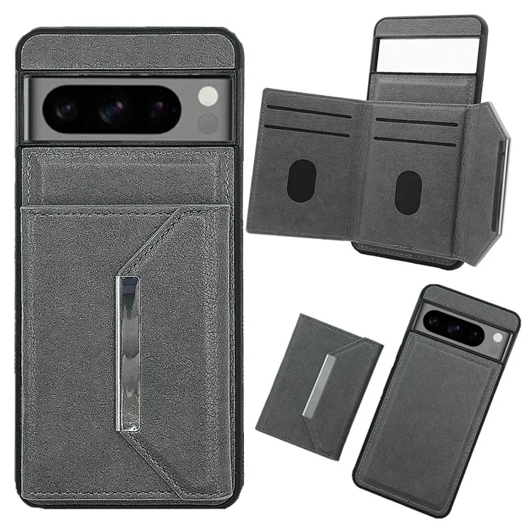 For Google Pixel 9 Pro XL Case Leather Phone Back Cover Detachable Card Holder Kickstand - Grey