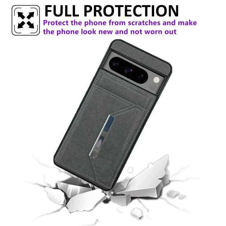 For Google Pixel 9 Pro XL Case Leather Phone Back Cover Detachable Card Holder Kickstand - Grey