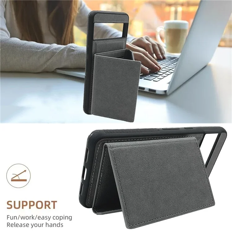 For Google Pixel 9 Pro XL Case Leather Phone Back Cover Detachable Card Holder Kickstand - Grey