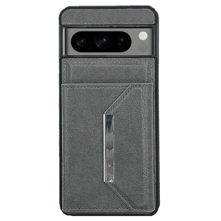 For Google Pixel 9 Pro XL Case Leather Phone Back Cover Detachable Card Holder Kickstand - Grey