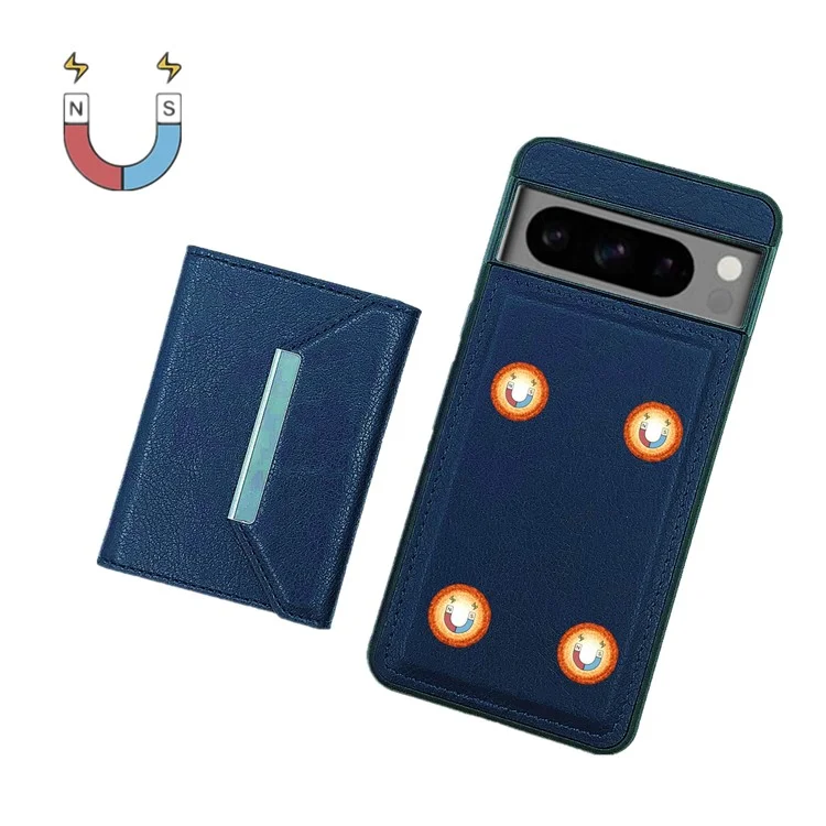 Para Google Pixel 9 / 9 Pro Case Leather Back Cover Detachable Card Holder Kickstand - Safira