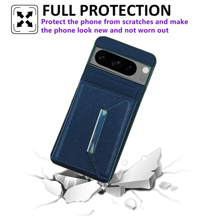 Para Google Pixel 9 / 9 Pro Case Leather Back Cover Detachable Card Holder Kickstand - Safira