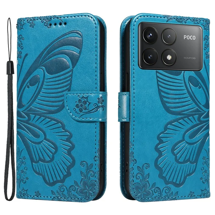 For Xiaomi Redmi K70 5G / K70 Pro 5G / Poco F6 Pro 5G Case Butterfly Wallet Stand Flip Leather Phone Cover - Blue