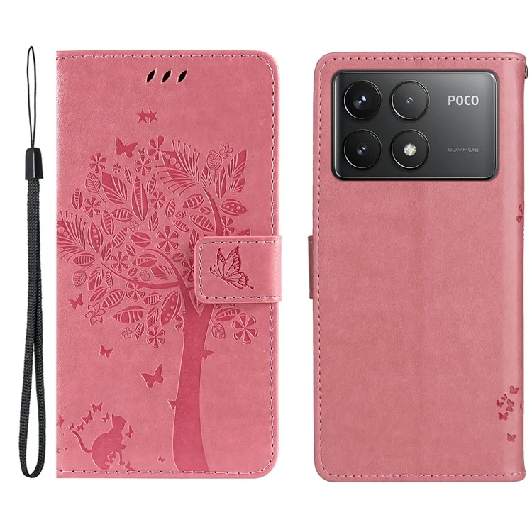 For Xiaomi Redmi K70 5G / K70 Pro 5G / Poco F6 Pro 5G Phone Case with Stand Cat Tree Pattern Leather Wallet Mobile Cover - Pink