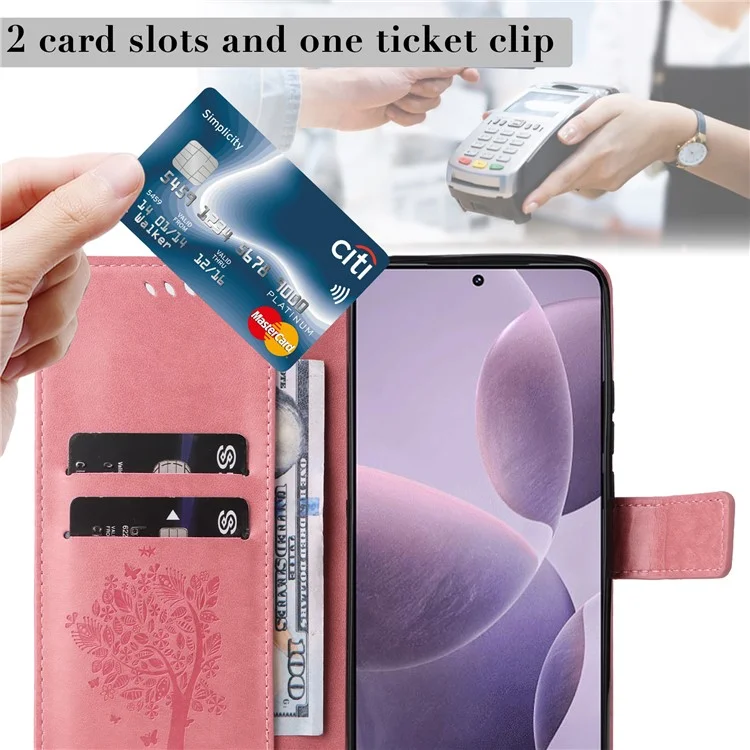 For Xiaomi Redmi K70 5G / K70 Pro 5G / Poco F6 Pro 5G Phone Case with Stand Cat Tree Pattern Leather Wallet Mobile Cover - Pink