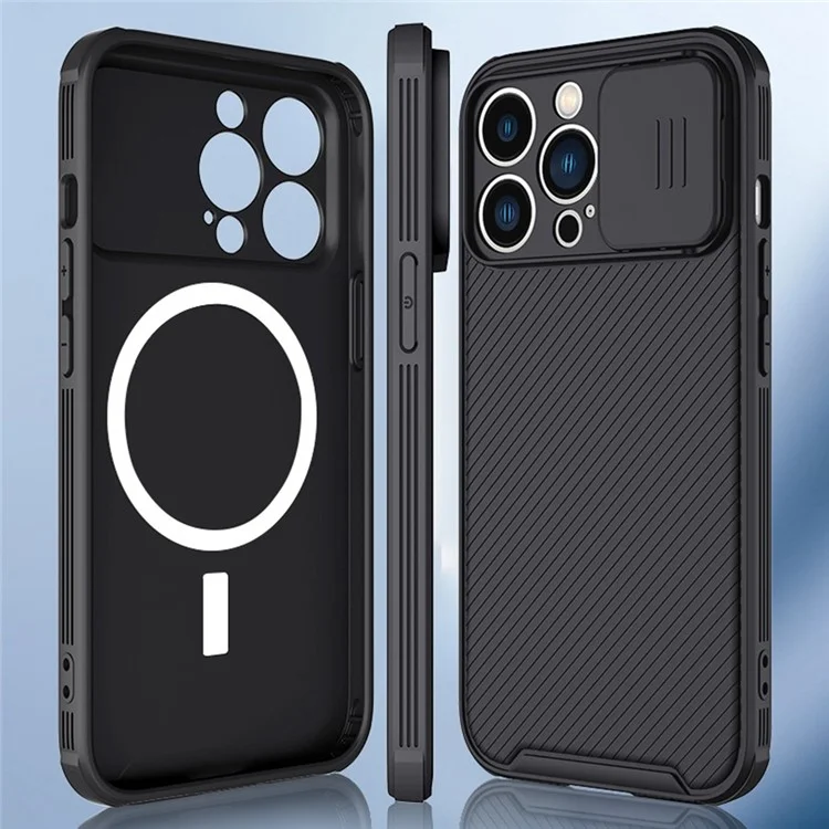 For iPhone 14 Anti-scratch Slide Camera Protection Cell Phone Case PC+TPU Cover Compatible with MagSafe - Black