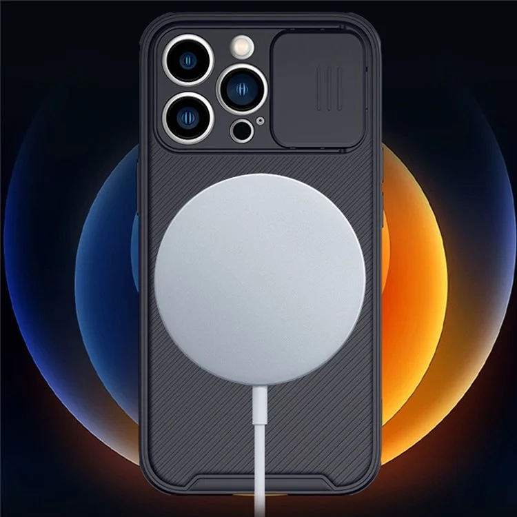 For iPhone 14 Anti-scratch Slide Camera Protection Cell Phone Case PC+TPU Cover Compatible with MagSafe - Black