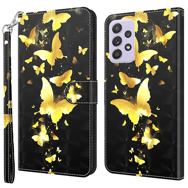 For Samsung Galaxy A23 5G (Global Version) / 4G 3D Pattern Printing Wallet Case PU Leather Magnetic Flip Stand Fully Protection Phone Cover with Strap - Golden Butterflies