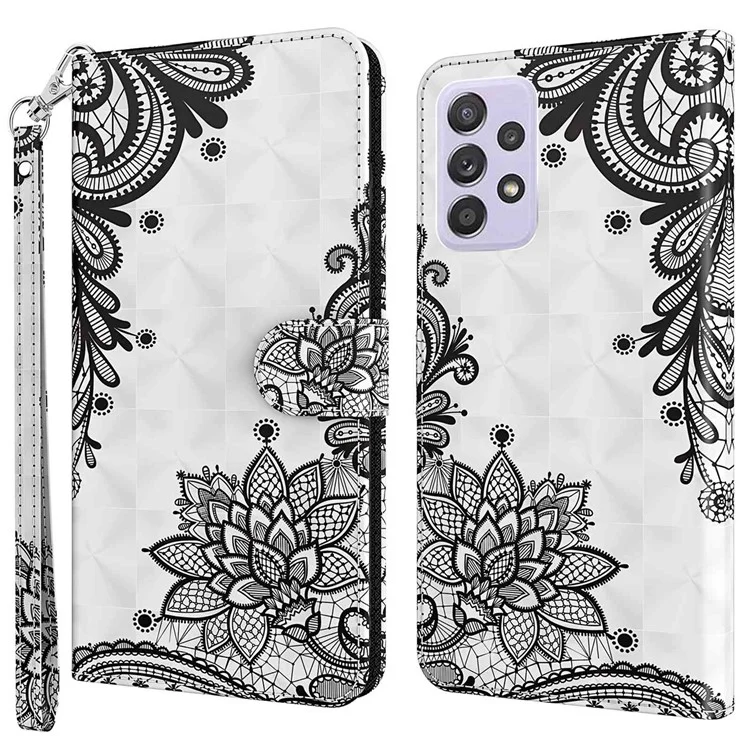 Para Samsung Galaxy A23 5G (Versión Global) / 4G Funda de cartera con impresión de patrón 3D de cuero PU, magnética, con soporte, protección completa para el teléfono con correa - Flor de encaje