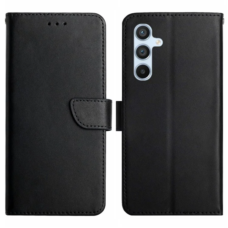 HT02 Para Samsung Galaxy S24 FE Case Wallet Genuine Cow Leather Phone Cover Nappa Texture - Black