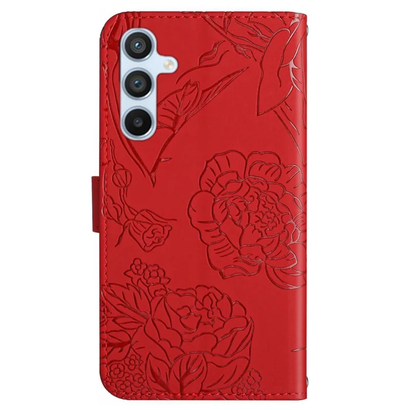 HT03 For Samsung Galaxy S24 FE Case Butterfly Flowers Leather Phone Cover with Shoulder Strap - Red