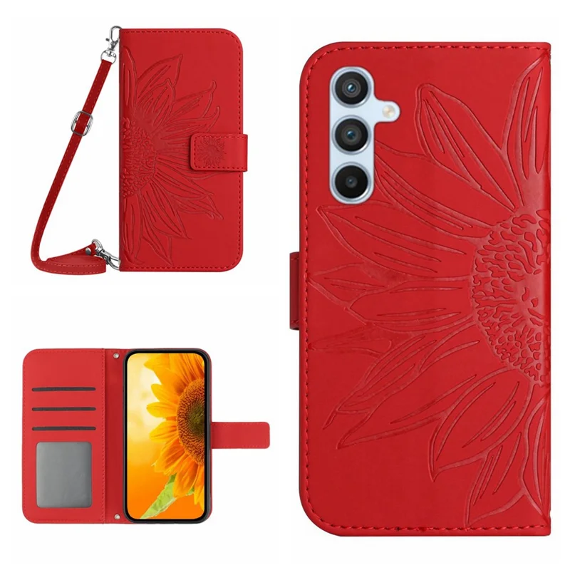 HT04 For Samsung Galaxy S24 FE Case Sunflower Leather Flip Phone Cover with Shoulder Strap - Red