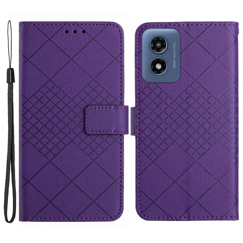 HT06 pour Motorola Moto E14 4G / G04 4G / G04s 4G / G24 4G Étui Rhombus Leather Phone Cover Litchi Texture - Dark Purple