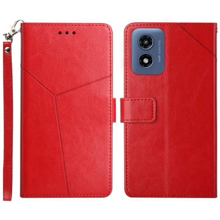 HT01 Para Motorola Moto E14 4G / G04 4G / G04s 4G / G24 4G Capa Linhas em Forma de Y Carteira de Couro PU Capa de Telefone Dobrável - Vermelho