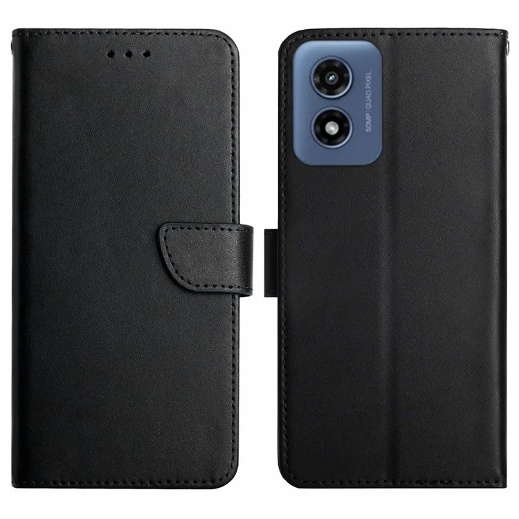 HT02 For Motorola Moto E14 4G / G04 4G / G04s 4G / G24 4G Case Genuine Cow Leather Folio Stand View Cover Nappa Texture - Black