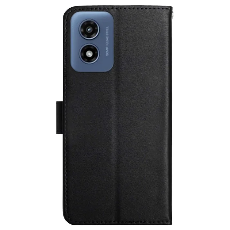HT02 For Motorola Moto E14 4G / G04 4G / G04s 4G / G24 4G Case Genuine Cow Leather Folio Stand View Cover Nappa Texture - Black