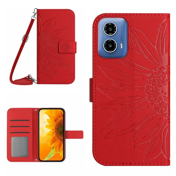 HT04 Pour Motorola Moto G85 5G / S50 Neo 5G Étui Tournesol Imprimé Bandoulière en Cuir Housse de Téléphone - Rouge
