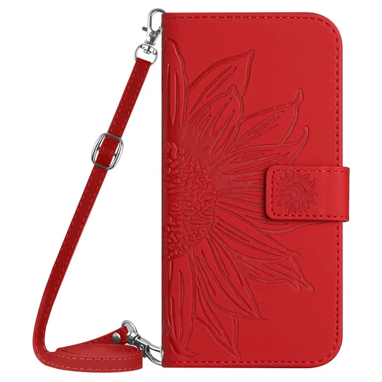 HT04 Pour Motorola Moto G85 5G / S50 Neo 5G Étui Tournesol Imprimé Bandoulière en Cuir Housse de Téléphone - Rouge
