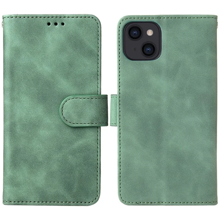 For iPhone 14 Anti-scratch PU Leather Case Skin-touch Feeling Stand Wallet Phone Cover - Green
