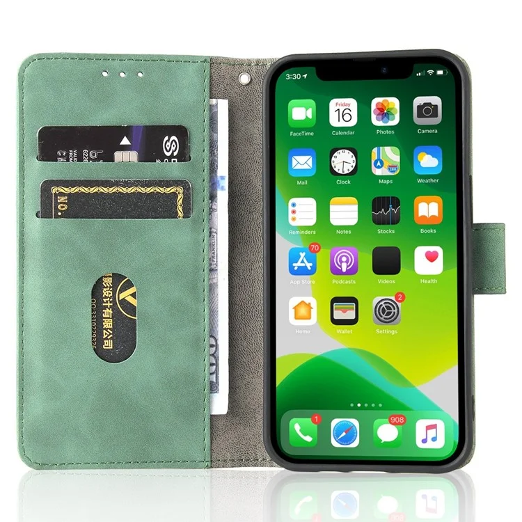 For iPhone 14 Anti-scratch PU Leather Case Skin-touch Feeling Stand Wallet Phone Cover - Green