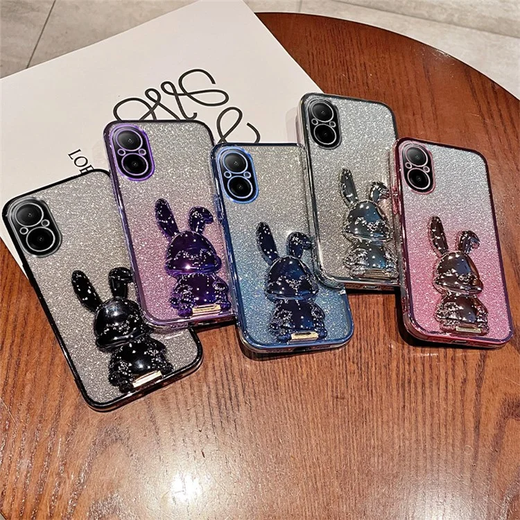 For Realme C67 4G Case Electroplating Glitter Rabbit PC+TPU Phone Cover with Kickstand - Blue