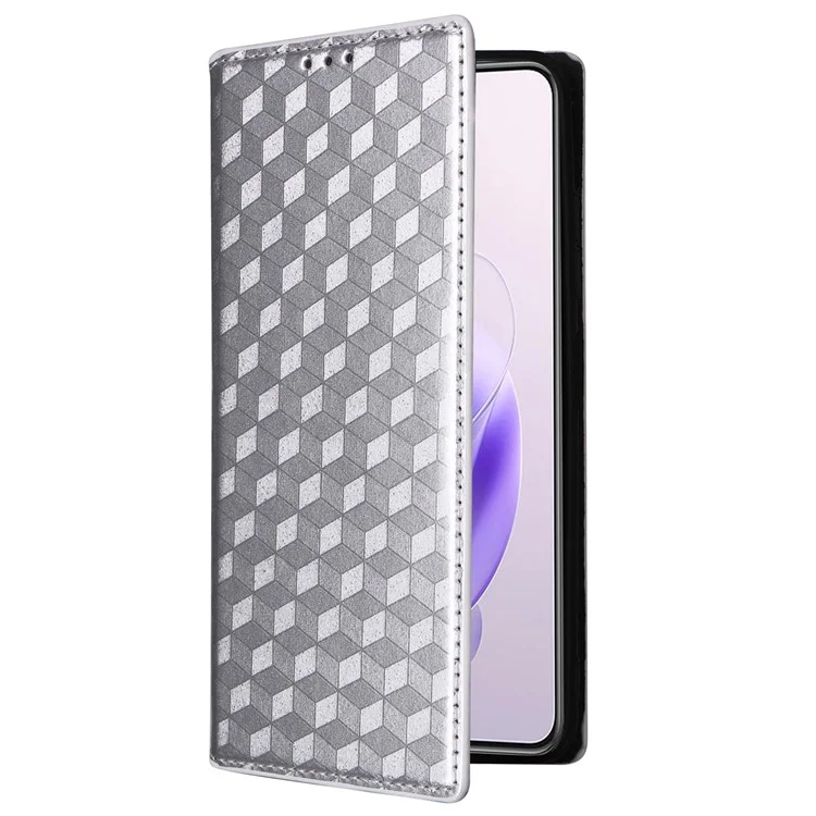 Para Oukitel C37 Case 3D Rhombus PU Leather Phone Cover Magnetic Closing - Prata