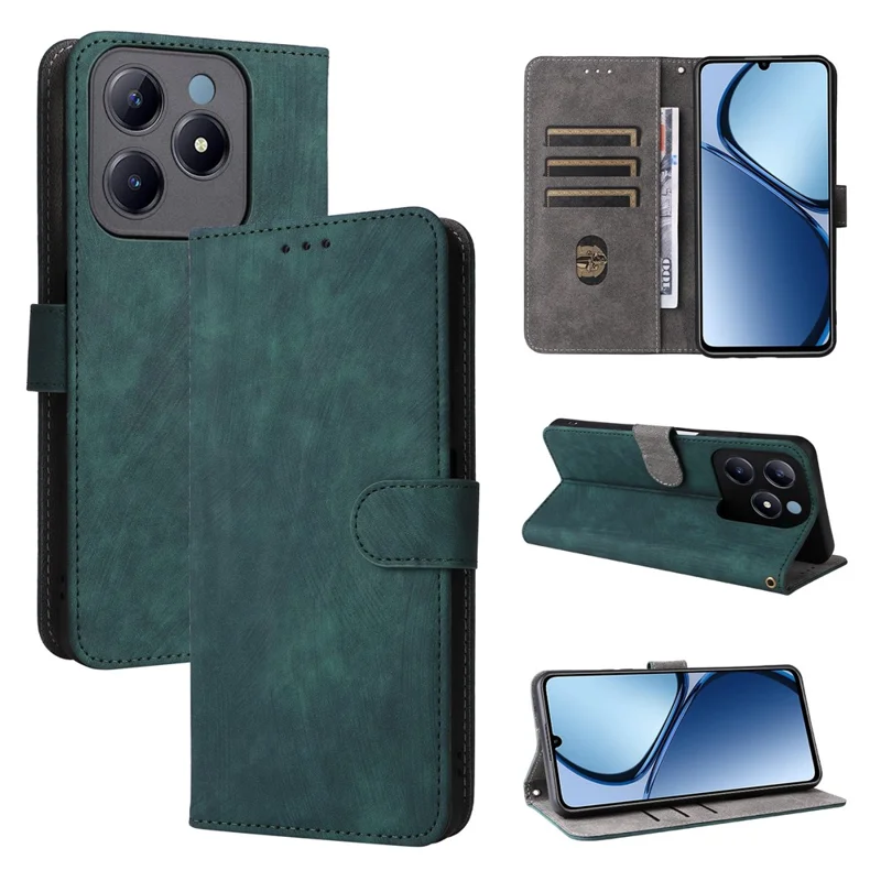 For Realme Note 60x 4G / C63 4G / C61 4G / Narzo N63 4G Stand Case RFID Blocking Leather Phone Cover with Strap - Green