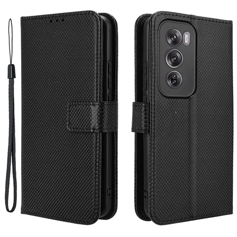 For Oppo Reno12 5G (Global) Case Flip Stand Wallet Diamond Texture Leather Phone Cover - Black