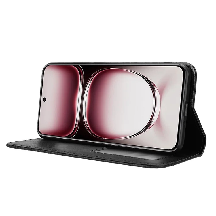 Для Oppo Reno12 5G (Global) Чехол из ПУ-кожи ретро-стиля с магнитным закрытием, противоударный чехол для телефона - черный