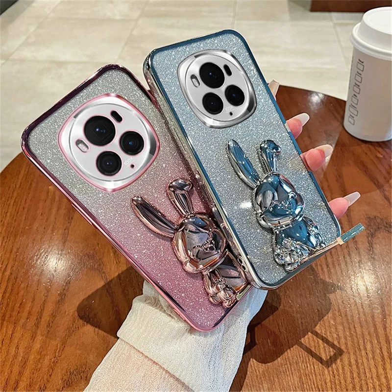 For Honor Magic6 Pro 5G Case PC+TPU Glitter Rabbit Kickstand Phone Cover - Pink