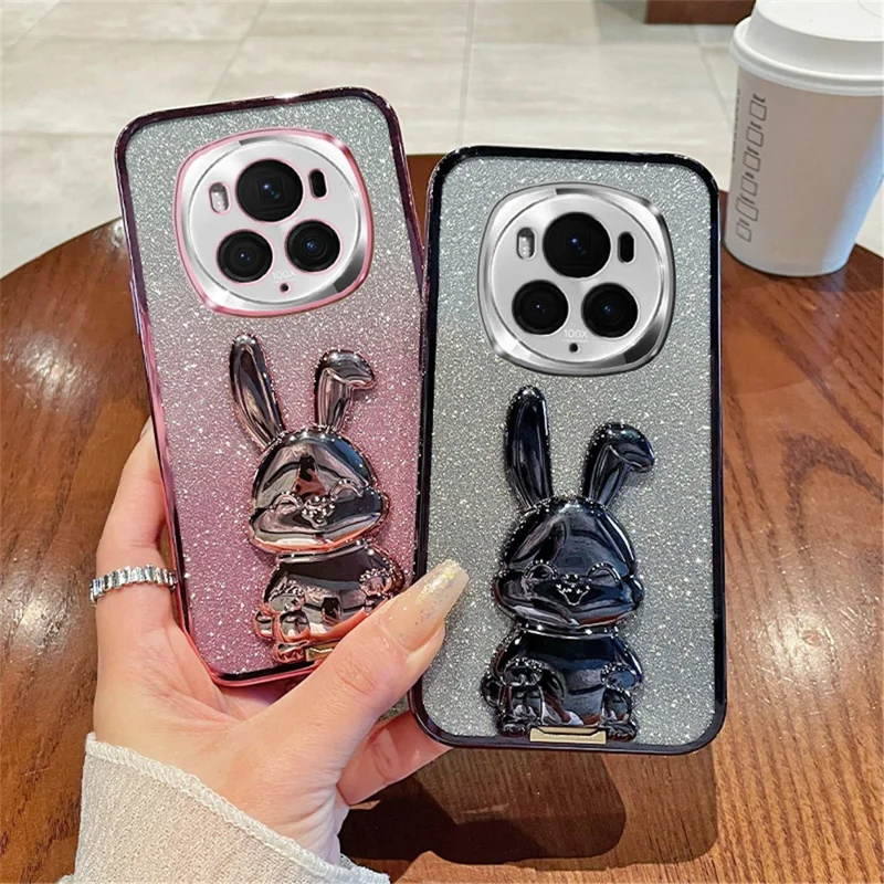 For Honor Magic6 Pro 5G Case PC+TPU Glitter Rabbit Kickstand Phone Cover - Pink