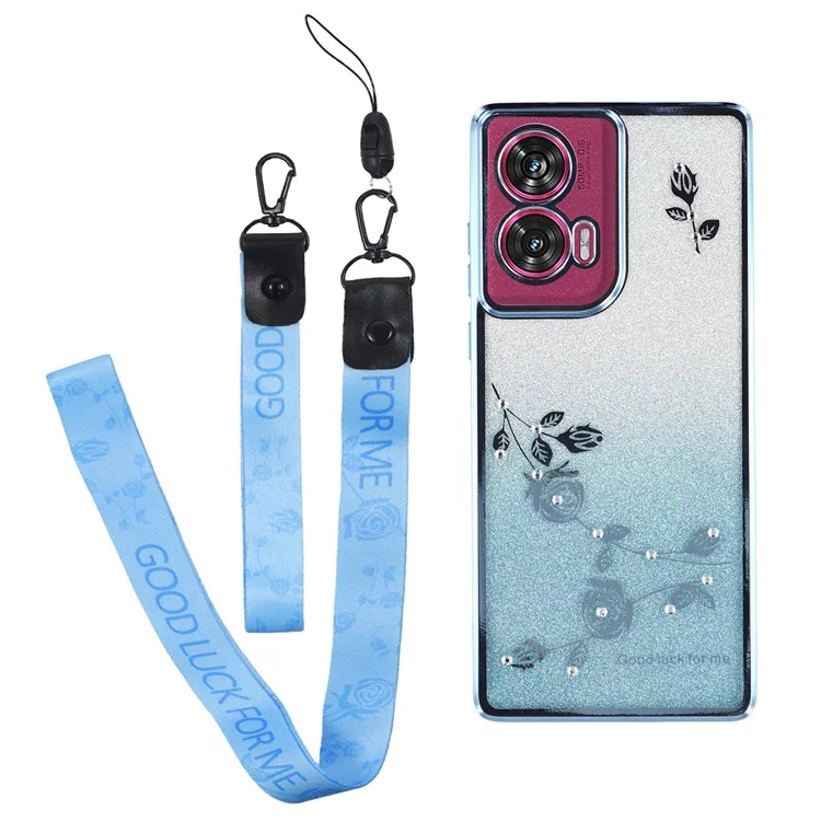 KADEM Para Motorola Edge 50 Fusion 5G Capa de TPU Flor Glitter Capa de Telefone com Cordão - Azul