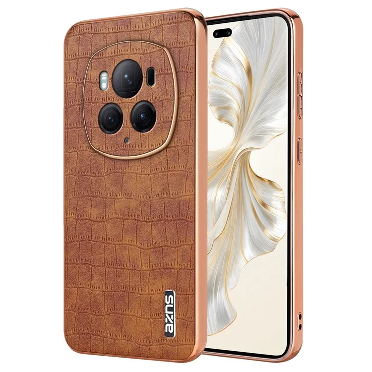 AZNS For Honor Magic6 Pro 5G Чехол Electroplating Leather+TPU Phone Cover - Коричневый