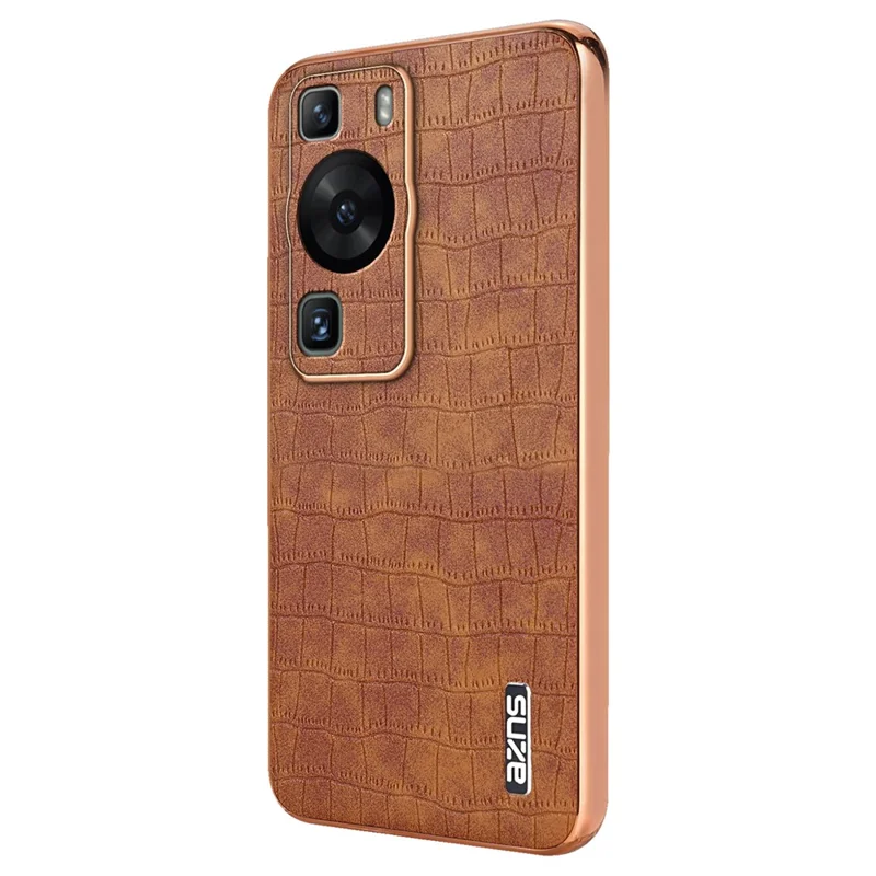 AZNS Para Huawei P60 / P60 Pro Case Textura de Crocodilo Revestido de Couro TPU Capa de Telefone - Marrom