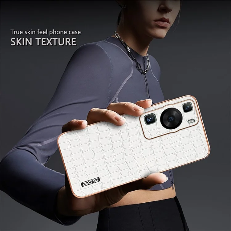 AZNS Para Huawei P60 / P60 Pro Case Textura de Crocodilo Revestido de Couro TPU Capa de Telefone - Marrom