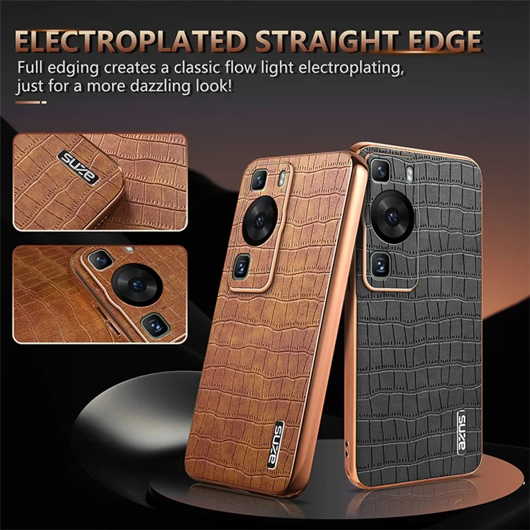 AZNS Para Huawei P60 / P60 Pro Case Textura de Crocodilo Revestido de Couro TPU Capa de Telefone - Marrom