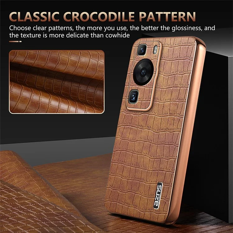 AZNS Para Huawei P60 / P60 Pro Case Textura de Crocodilo Revestido de Couro TPU Capa de Telefone - Marrom