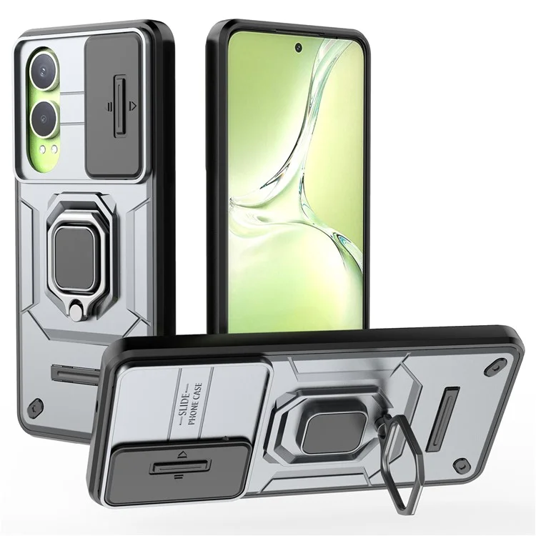 For OnePlus Nord CE4 Lite 5G / Oppo K12x 5G (China) Case Kickstand PC+TPU Phone Shell with Lens Cover - Grey