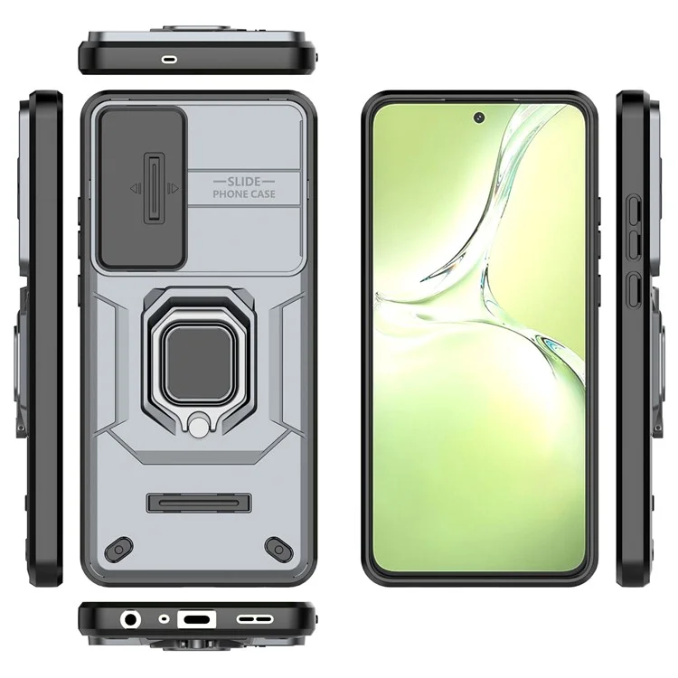 For OnePlus Nord CE4 Lite 5G / Oppo K12x 5G (China) Case Kickstand PC+TPU Phone Shell with Lens Cover - Grey