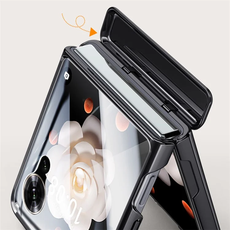 Capa para telefone Honor Magic V Flip 5G Dobradiça Transparente PC+Acrílica com Película de Vidro Temperado - Preta