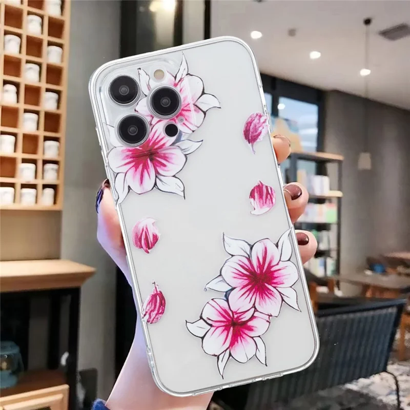 For iPhone 16 Pro Case Transparent Edge TPU Phone Cover Pattern Printing - Cherry Blossom