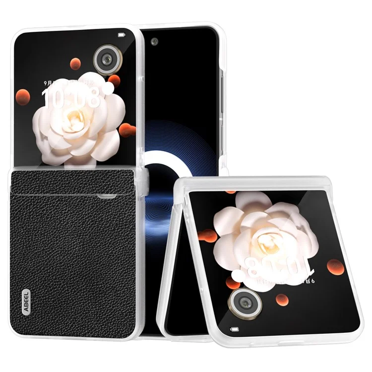 ABEEL For Honor Magic V Flip 5G Case Capa traseira de couro genuíno de vaca com textura de lichia e proteção de dobradiça - Preto