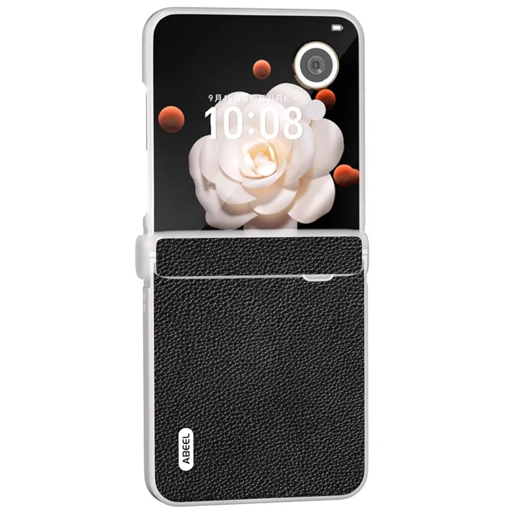 ABEEL For Honor Magic V Flip 5G Case Capa traseira de couro genuíno de vaca com textura de lichia e proteção de dobradiça - Preto