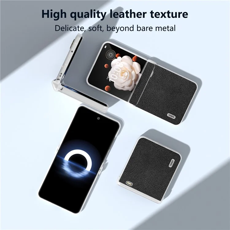 ABEEL For Honor Magic V Flip 5G Case Capa traseira de couro genuíno de vaca com textura de lichia e proteção de dobradiça - Preto