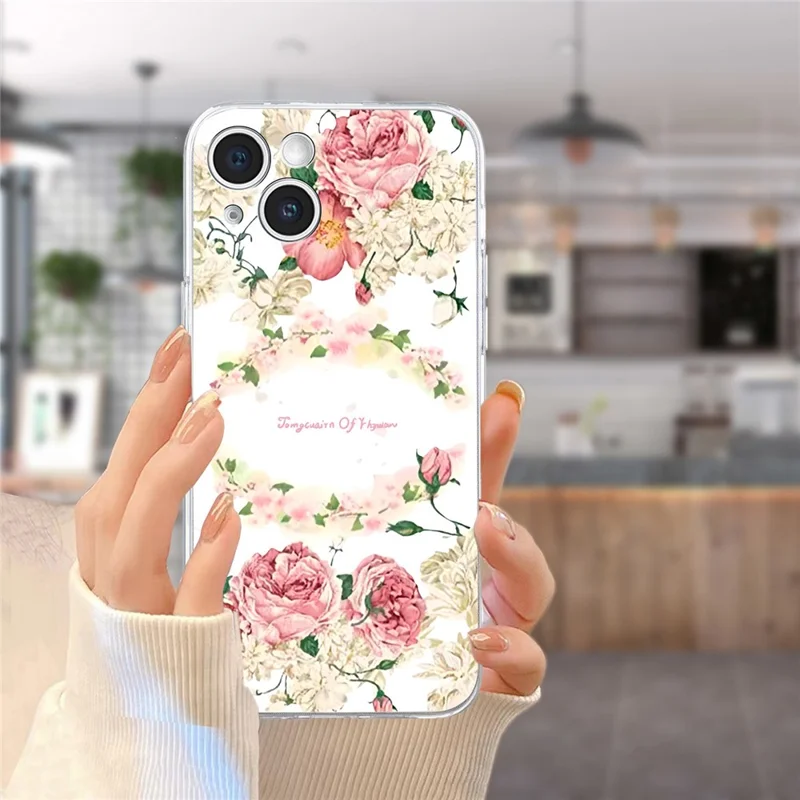 For iPhone 15 Case Soft TPU Slim Phone Cover Pattern Printing - Rose
