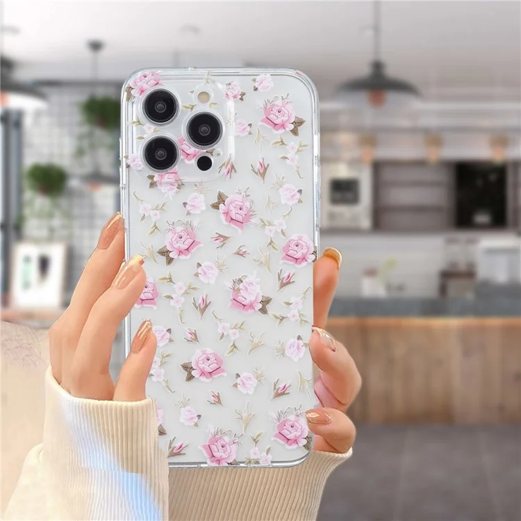 Per iPhone 14 Pro Case Pattern Printing Anti-Scratch TPU Phone Cover - Pink Flower