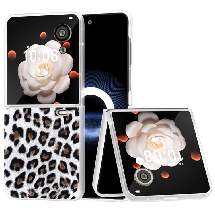 Capa para telefone Honor Magic V Flip 5G com textura de leopardo em couro e PC, moldura fosca - Prata